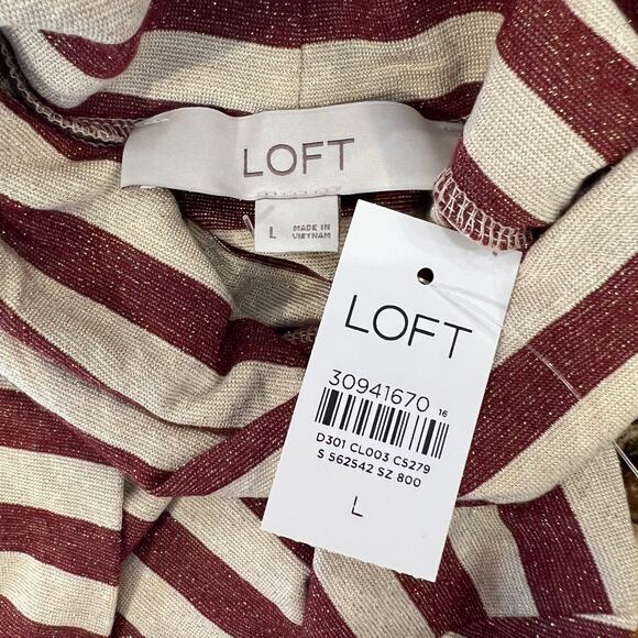 NWT LOFT Red/Cream Shimmer Striped Ribbed Metallic Turtleneck Top - Picture 6 of 9
